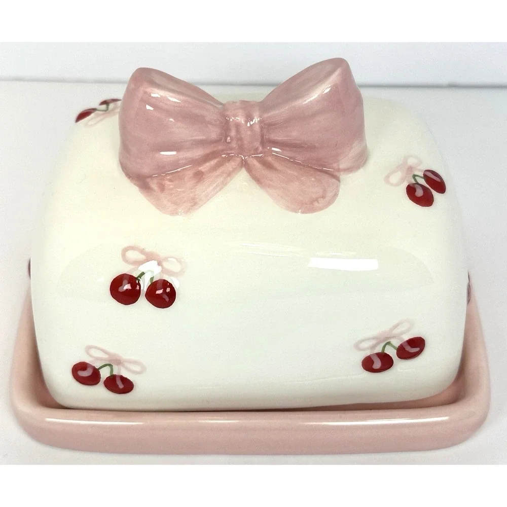 Pink Cherry Butter Dish Bow Lid Coquette Cottagecore Kawaii Kitchen Decor New